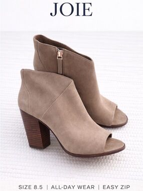 Joie Diya Suede Peep Toe Booties Taupe Stacked Heel Ankle Boots 8.5